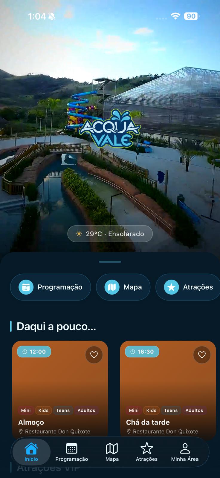 Atrações do parque no aplicativo