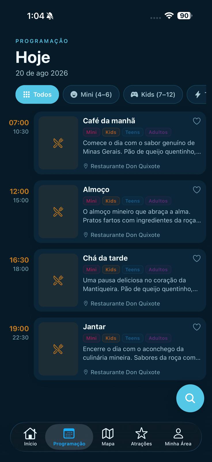 Programação do parque no aplicativo